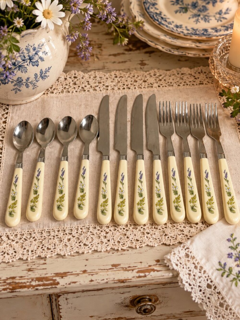 Vintage Floral Stainless Steel Flatware Set of 12 – Cottagecore